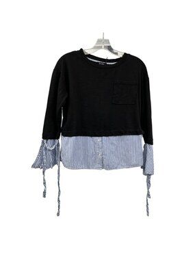 Blu Pepper Womens Striped Pullover Top Mixed Media Long Sleeve Black/Multi S